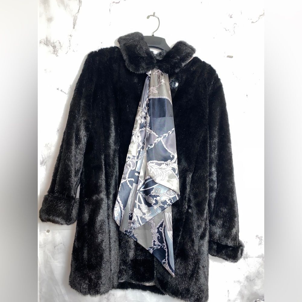 Vintage Dennis Basso Silk Scarf & Faux Fur Coat Set Medium